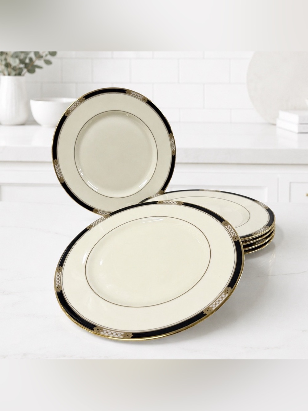 Lenox Hancock Salad Plates Set of 6 8.5” Black 24K Gold USA Bone China Vintage